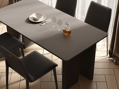 Modern Gray Dining Table Set With Black Chairs And Tableware Glassware 3d model