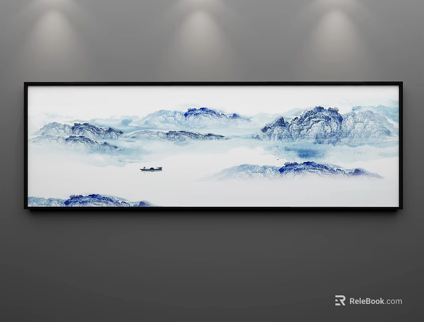 Ink Wash Landscape Painting With Blue White Mountains Water Small Boat Hanging On Wall 3d model 