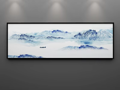 Ink Wash Landscape Painting With Blue White Mountains Water Small Boat Hanging On Wall 3d model