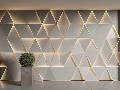 Modern Geometric Pattern Background Wall With Triangular Panels Gray Tones LED Lighting And Green Plant 3d model
