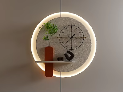 Wall Featuring Circular Backlit Design With Shelf Plant Vase And Clock 3d model
