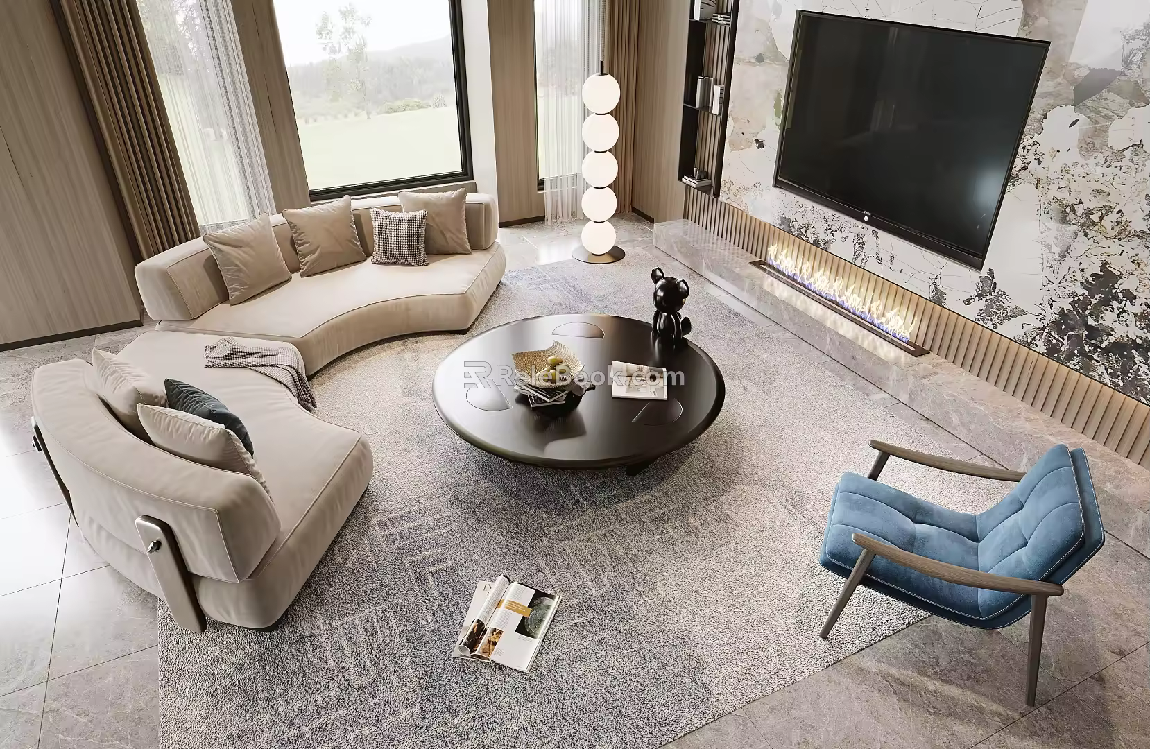 Modern Curved Sofa Combination Curved Sofa Round Coffee Table Single Sofa TV Fireplace Fire Floor Lamp 3d model
