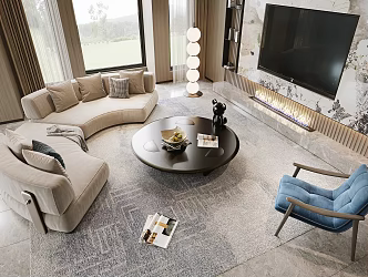 Modern Curved Sofa Combination Curved Sofa Round Coffee Table Single Sofa TV Fireplace Fire Floor Lamp 3d model