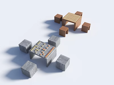 Wooden and Stone Outdoor Tables with Matching Stools and Chessboard Top Design 3d model