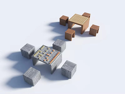 Wooden and Stone Outdoor Tables with Matching Stools and Chessboard Top Design 3d model