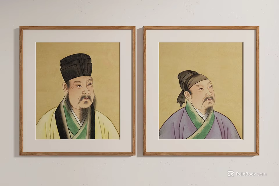 Two Classical Chinese Portrait Paintings in Wooden Frames on White Wall 3d model 