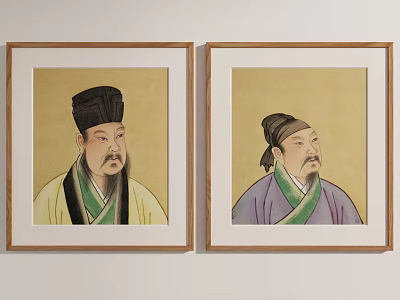 Two Classical Chinese Portrait Paintings in Wooden Frames on White Wall 3d model