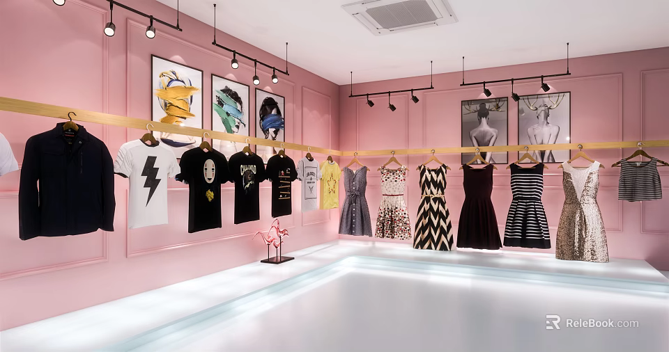 Pink Interior Clothing Store With Hanging T Shirts Dresses And Mannequins 3d model 