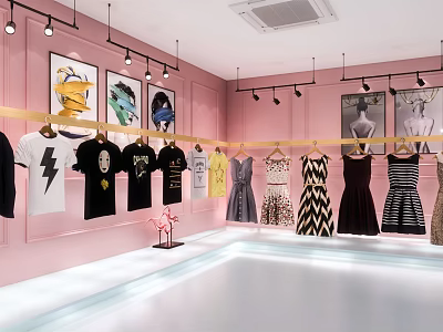 Pink Interior Clothing Store With Hanging T Shirts Dresses And Mannequins 3d model