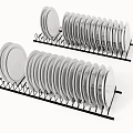 Dinnerware Set With White Plates Neatly Arranged On Black Kitchen Racks