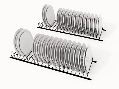 Dinnerware Set With White Plates Neatly Arranged On Black Kitchen Racks 3d model
