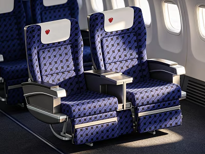 Airplane Cabin Seats With Blue Patterned Upholstery Red Heart Backrest And Tray Tables 3d model