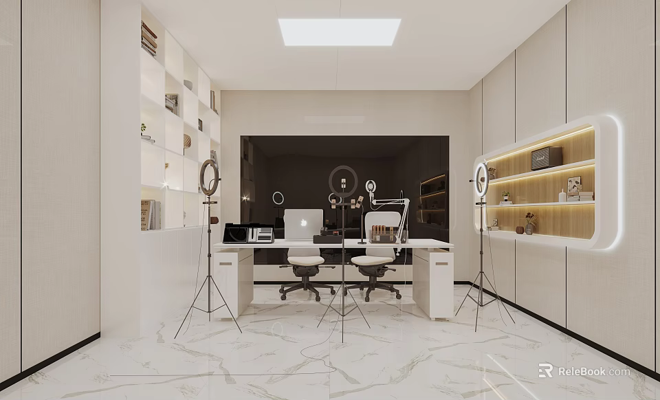 Modern Public Office Area With Workstations Office Chairs Bookshelves And Lighting Fixtures 3d model 