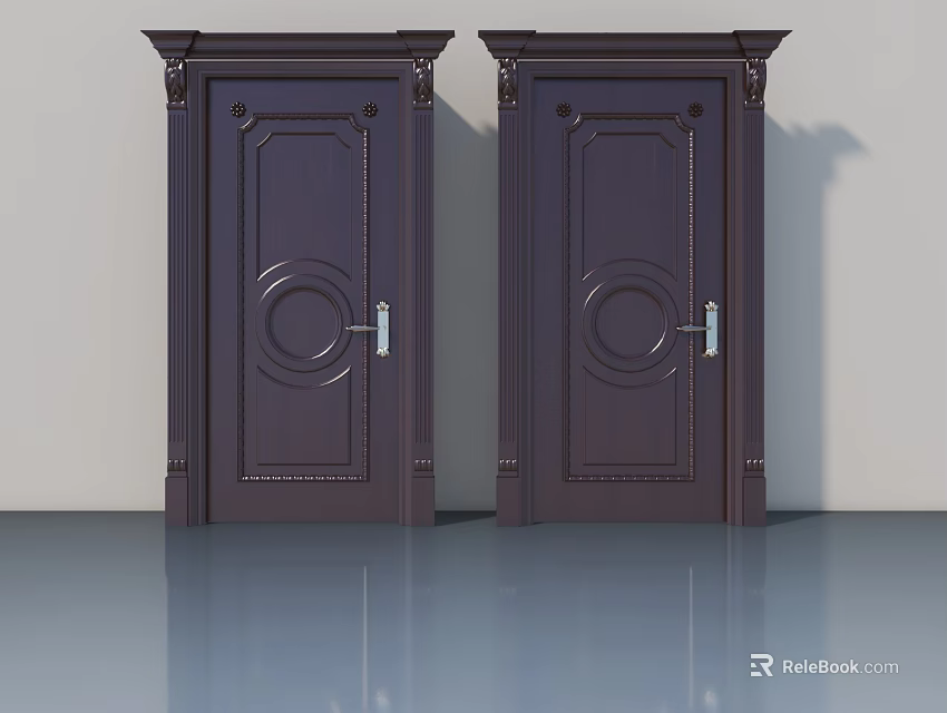Dark Brown Hinged Doors With Decorative Circular Patterns Silver Handles And Ornate Carved Frames 3d model