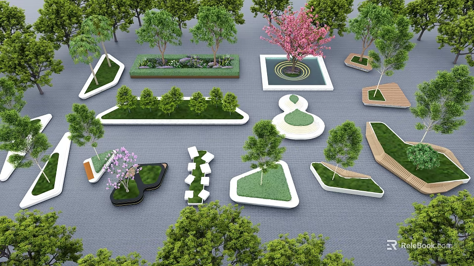 Various Designed Tree Pits With Trees And Green Plants In Urban Landscape 3d model 