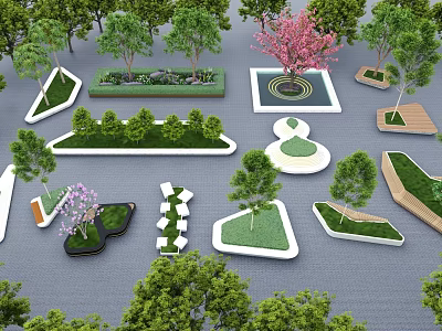 Various Designed Tree Pits With Trees And Green Plants In Urban Landscape 3d model