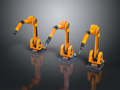 Game and Movie Character with Three Yellow Robotic Arms on Dark Reflective Background 3d model