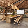 Cozy Wooden Interior Space With Bookshelves Long Table Hanging Lamps And Projection Screen