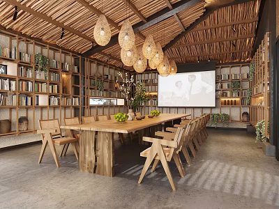 Cozy Wooden Interior Space With Bookshelves Long Table Hanging Lamps And Projection Screen 3d model