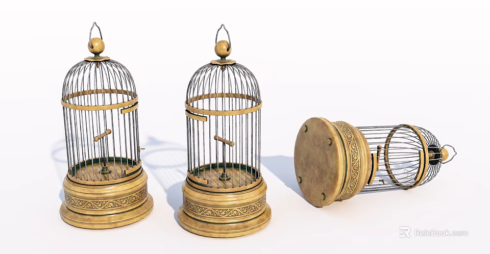 Golden Decorative Birdcage Ornament Set With Intricate Bases For Home 3d model 