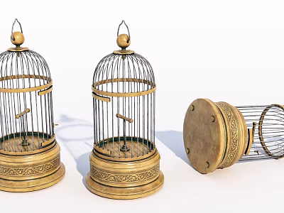 Golden Decorative Birdcage Ornament Set With Intricate Bases For Home 3d model