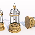 Golden Decorative Birdcage Ornament Set With Intricate Bases For Home