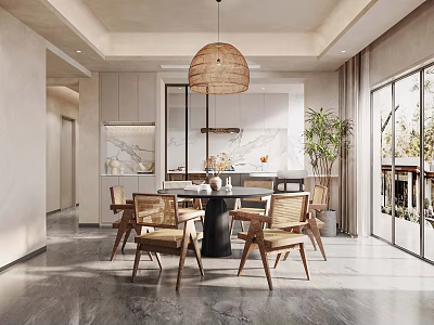Modern Dining Living Area With Round Wooden Table Chairs Rattan Pendant Light And Kitchen Cabinets 3d model
