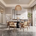 Modern Dining Living Area With Round Wooden Table Chairs Rattan Pendant Light And Kitchen Cabinets