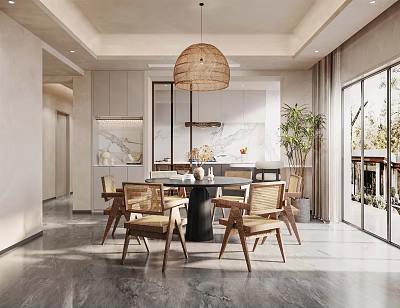 Modern Dining Living Area With Round Wooden Table Chairs Rattan Pendant Light And Kitchen Cabinets 3d model