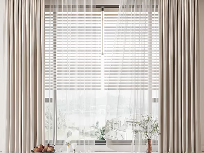 Elegant Curtains With White Blinds For Window In Room Interior View 3d model
