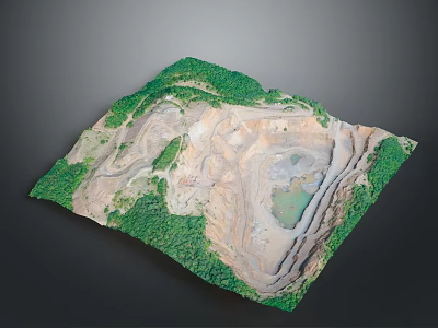 Open Pit Mining Terrain Featuring Layered Excavation Green Vegetation And Central Water Pool 3d model