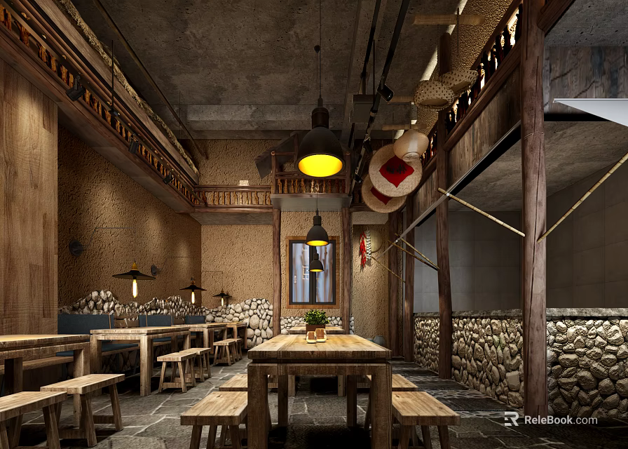 Rustic Restaurant Interior Design With Wooden Tables Stone Walls And Hanging Lamps 3d model 