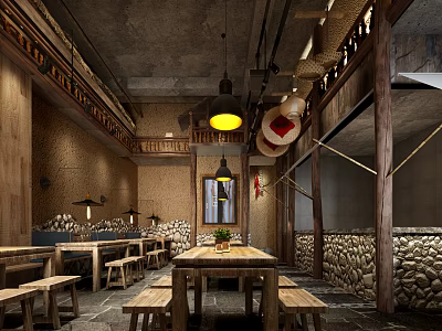 Rustic Restaurant Interior Design With Wooden Tables Stone Walls And Hanging Lamps 3d model