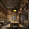 Rustic Restaurant Interior Design With Wooden Tables Stone Walls And Hanging Lamps