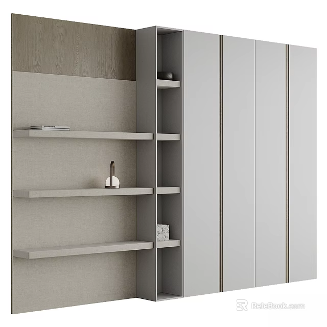 Modern Light Gray Wardrobe With Flat Doors And Open Shelves Featuring Decorative Vase 3d model 