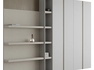 Modern Light Gray Wardrobe With Flat Doors And Open Shelves Featuring Decorative Vase 3d model