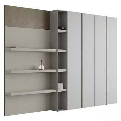 Modern Light Gray Wardrobe With Flat Doors And Open Shelves Featuring Decorative Vase 3d model