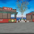Trendy Play Market Stalls With Red Exterior Green Awnings And Evening Sky