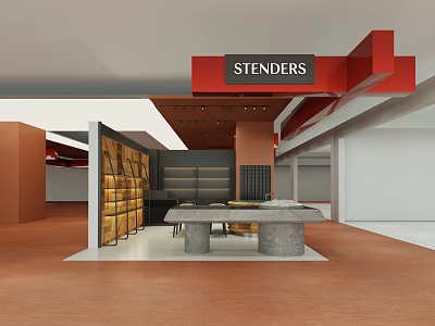 STENDERS Modern Retail Counter Interior Design With Red Signage And Display Shelves 3d model