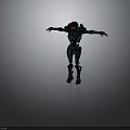 Mechanical Robot Character With Armored Exoskeleton Glowing Red Eyes And Outstretched Arms On Gray Background