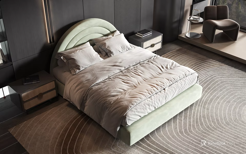 Light Green Curved Double Bed With Light Quilt And Wave Patterned Rug In Modern Bedroom 3d model 