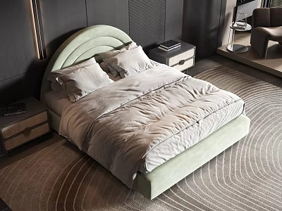 Light Green Curved Double Bed With Light Quilt And Wave Patterned Rug In Modern Bedroom 3d model