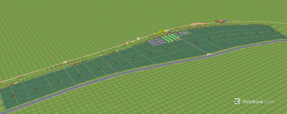 Scenic Green Agricultural Landscape With Grid Fields Roads And Buildings 3d model 