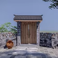 Traditional Entrance Gate with Wooden Door Tiled Roof Stone Walls Steps and Clay Pots