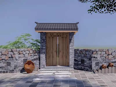 Traditional Entrance Gate with Wooden Door Tiled Roof Stone Walls Steps and Clay Pots 3d model