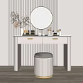Modern Elegant Dressing Table with Round Mirror Drawers Vase Dried Branches Cosmetics and Padded Stool