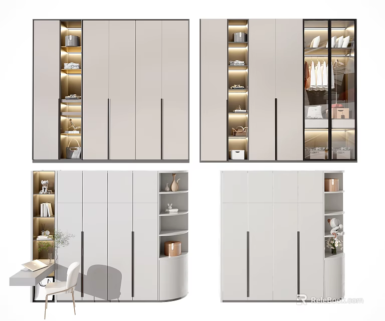 Modern White Wardrobe With Glass Doors Layered Storage And Interior LED Lighting 3d model 