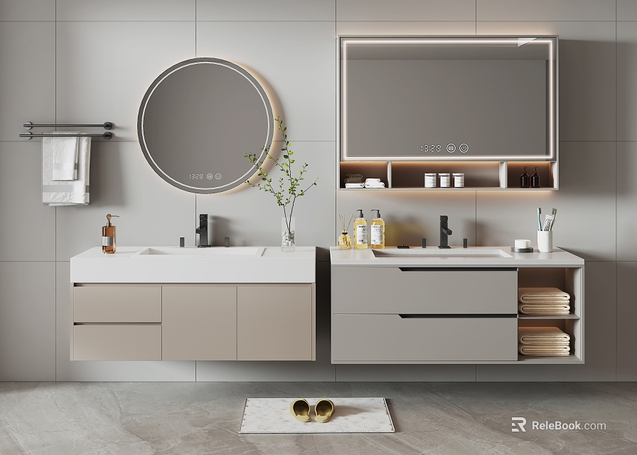 Modern Bathroom Vanity With Double Sink Circular Mirror Storage Drawers And Gray Tiles 3d model 