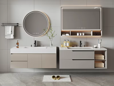 Modern Bathroom Vanity With Double Sink Circular Mirror Storage Drawers And Gray Tiles 3d model