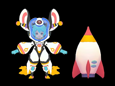 Cute Cartoon Creature In White Spacesuit With Rabbit Ears And Pink Rocket 3d model